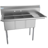 51 in. Three Compartment Stainless Steel Commercial Sink with Drainboard, Bowl Size 12"x 16"x 10" SC121610-12R3.